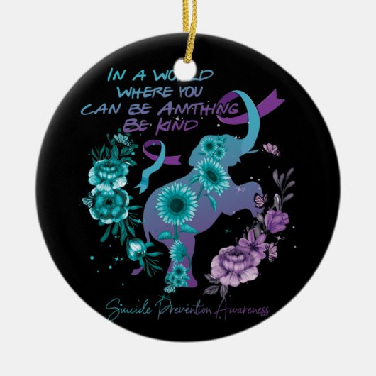 自殺防止ひまわり象ティール(緑がかった色)紫 セラミックオーナメント (正面)