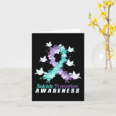 自殺防止認識度ピンク及びティール(緑がかった色)リボン カード (黄色い花)