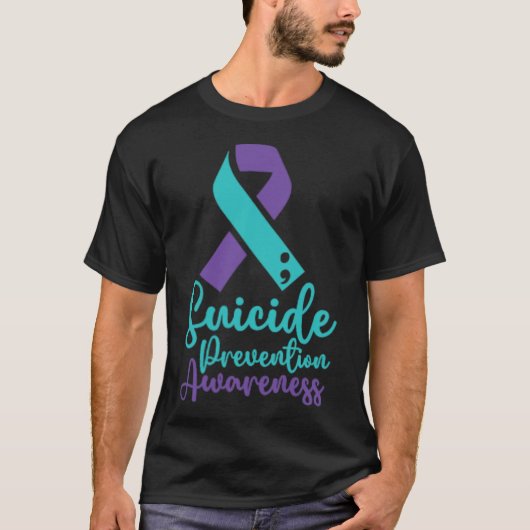自殺防止認識度月ティール(緑がかった色)パープルスマ Tシャツ (正面)