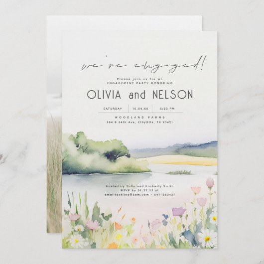 自然とワイルドフラワーの婚約パーティ写真 招待状 (正面/裏面)