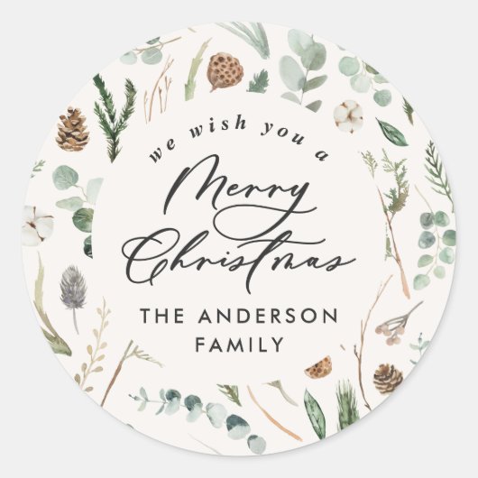 自然なクリスマスミニマルのエレガント植物写真 ラウンドシール (正面)