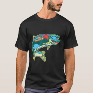 自然なトラウトのイラスト ビンテージ フライ フィッシング レトロ Tシャツ