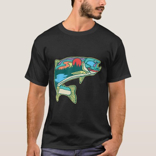 自然なトラウトのイラスト ビンテージ フライ フィッシング レトロ Tシャツ (正面)
