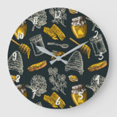自然な暗い蜂蜜の蜂のミツバチの巣の黄色のヴィンテージ ラージ壁時計 (正面)