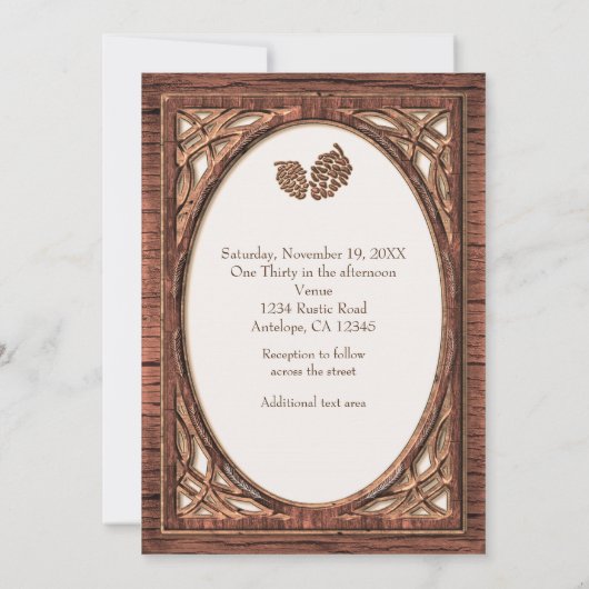 自然な木の雰囲気ただようツートンカラーの招待状　松ぼっくりと木のデザイン 招待状 (裏面)