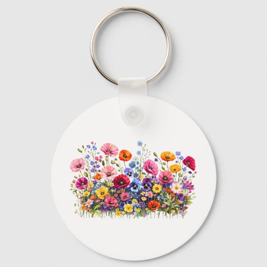 自然な水彩花が咲く野の花の草原 キーホルダー (正面)