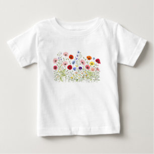 自然な水彩花が咲く野の花の草原 ベビーTシャツ