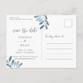 自然な葉 |青い水彩日付を保存 案内ポストカード (裏面)