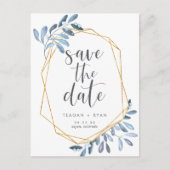 自然な葉 |青い水彩日付を保存 案内ポストカード (正面)