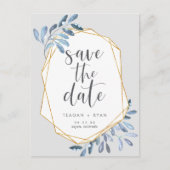 自然な葉 |青い水彩日付を保存 案内ポストカード (正面)