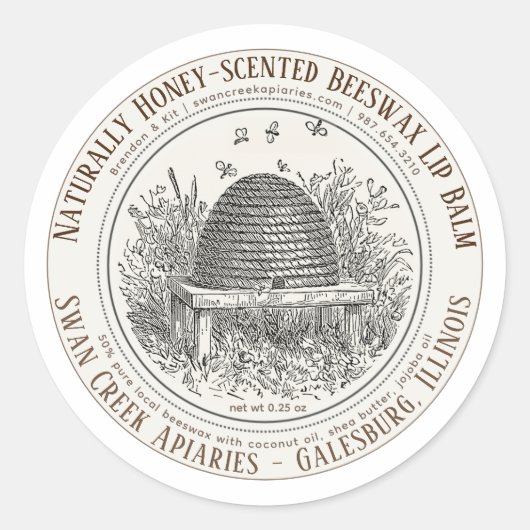 自然な香りのビーズワックスのリップバームの串と蜂 ラウンドシール (正面)