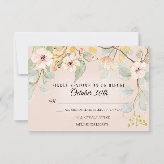 自然にインスパイアされたフラッシュピンクの桃の水彩画 RSVP 招待状 (正面)