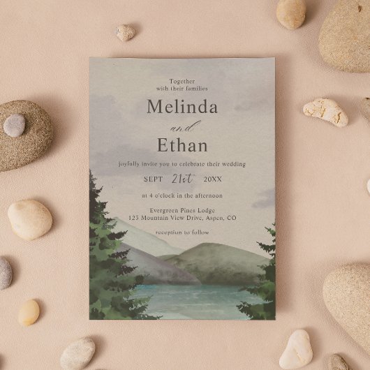 自然に囲まれた山と湖のウェディング 招待状