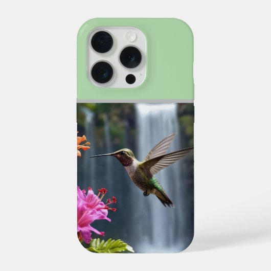 "自然のささやき: ハチドリと滝、 iPhoneケース (裏面)