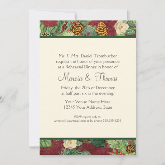 自然のクリスマス ウィンター ホリデー マグノリアと松 招待状 (裏面)