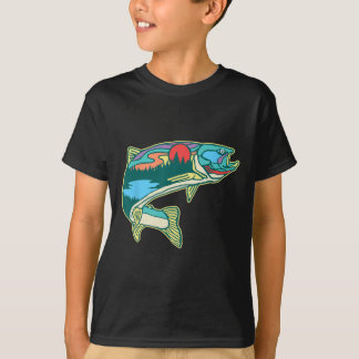 自然のマスイラスト ヴィンテージ フライ フィッシング レトロ Tシャツ