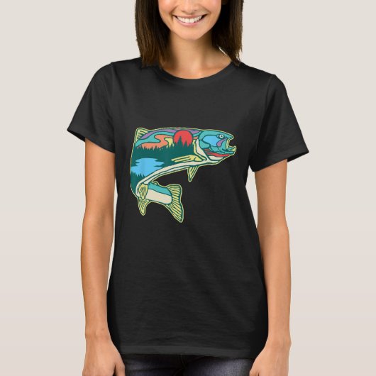 自然のマス画 トラウト ヴィンテージ フライ フィッシング リトロ Tシャツ (正面)