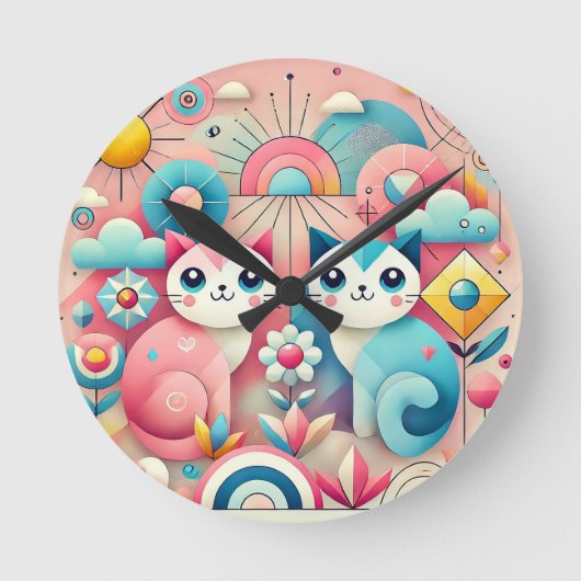 自然の中で戯れるかわいいキャラクター猫 ラウンド壁時計 (正面)