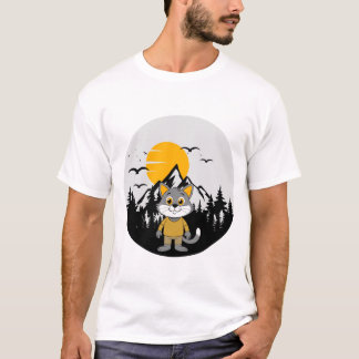 自然の中で立つ漫画の猫の山のアート Tシャツ