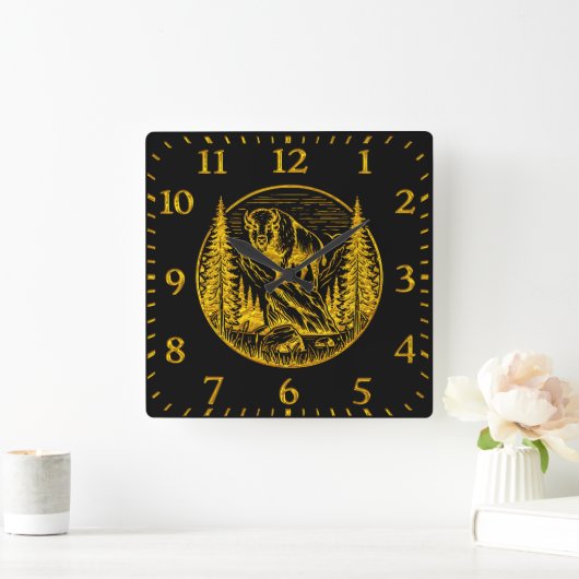 自然の中で誇らしげに立つバイソン スクエア壁時計 (ホーム)