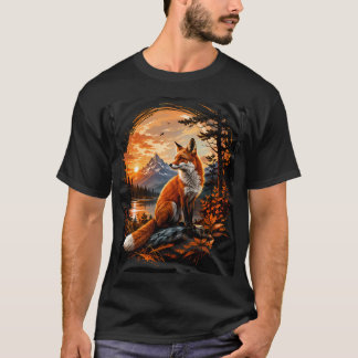 自然の中のキツネ、森と太陽のあるキツネ Tシャツ