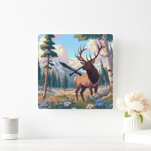 自然の中の鹿 スクエア壁時計 (ホーム)