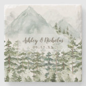 自然の森と山の水彩画 ストーンコースター (正面)