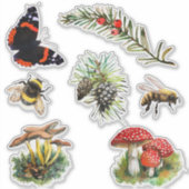 自然の森のキノコ，ミツバチ，蝶 シール (正面)