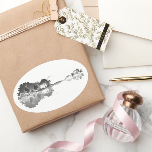 自然の歌:森の風景ギターアート 楕円形シール (ギフト)