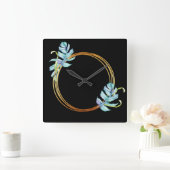 自然の熱帯青い金ゴールドのMonsteraの葉のリース スクエア壁時計 (ホーム)