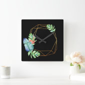 自然の熱帯黒い金ゴールドのフラミンゴの葉Poligonal スクエア壁時計 (ホーム)