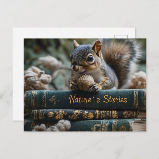 自然の物語に登場するアンティークの本に実をつけたリス シーズンポストカード (正面/裏面)