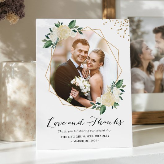 自然の緑と花のウェディングフォト感謝カード サンキューカード