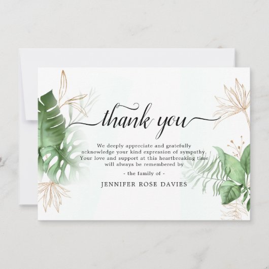 自然の緑と金ゴールドエレガント悔やみや弔慰 サンキューカード (正面)