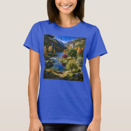 自然の荒野の風景 山と滝 Tシャツ