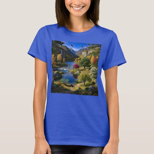 自然の荒野の風景 山と滝 Tシャツ (正面)