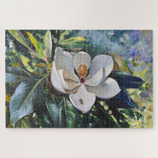 自然の調和を描いたモクレンの花の油絵 ジグソーパズル (横)