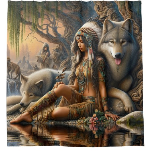 自然の調和:先住民インディアンとその狼 シャワーカーテン (正面)