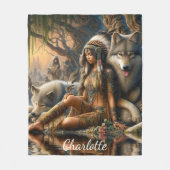 自然の調和:先住民インディアンとその狼 フリースブランケット (正面)