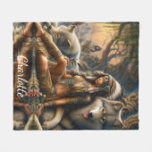 自然の調和:先住民インディアンとその狼 フリースブランケット (正面(横))