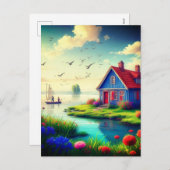 自然の風景とコテージと湖–434567 シーズンポストカード (正面/裏面)
