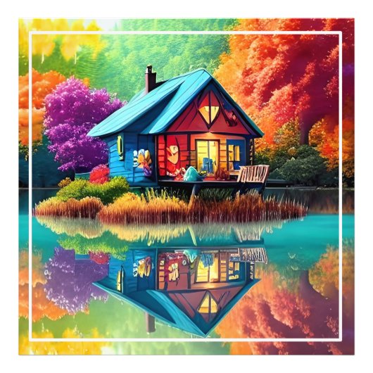 自然の風景と湖、コテージ、秋 フォトプリント            (正面)