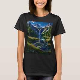 自然の風景 山 滝 湖 池 木々 Tシャツ