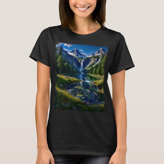 自然の風景 山 滝 湖 池 木々 Tシャツ (正面)