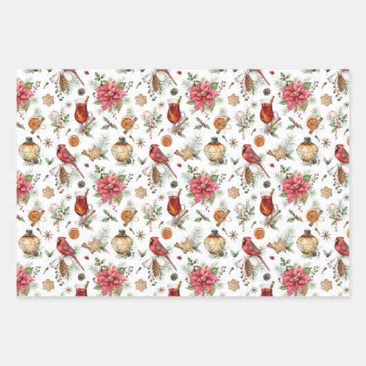 自然をテーマにしたクリスマスグリーン赤いバードパイン ラッピングペーパーシート (正面3)