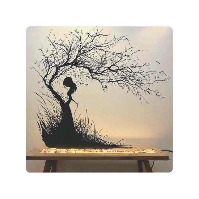 自然をテーマにした女性のシルエットシーン メタルプリント (正面)