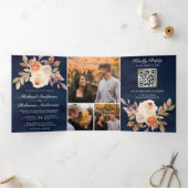 自然アイボリーフローラネイビーブルーQRコー結婚ド 三つ折り招待状 (内部)