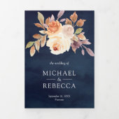 自然アイボリーフローラネイビーブルーQRコー結婚ド 三つ折り招待状 (カバー)