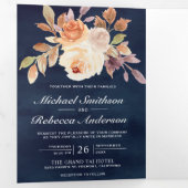 自然アイボリーフローラネイビーブルーQRコー結婚ド 三つ折り招待状 (内部最初)