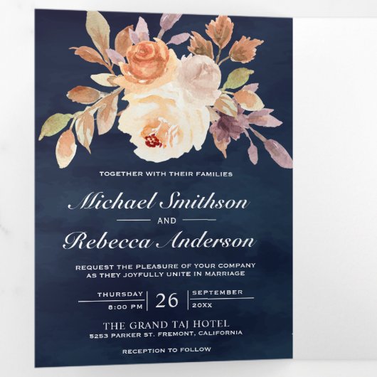 自然アイボリーフローラネイビーブルーQRコー結婚ド 三つ折り招待状 (内部最初)